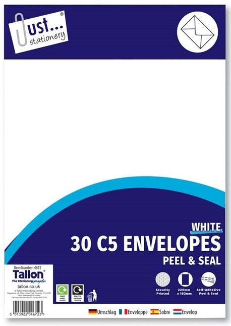 Just Stationery Envelopes C5 White Peel & Seal 30pk