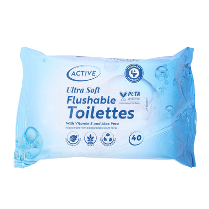Active Ultra Soft Flushable Toilet Tissue Wipes 40's