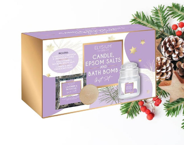 Elysium Spa Lavender & Patchouli Epsom Salts with Candle Gift Set