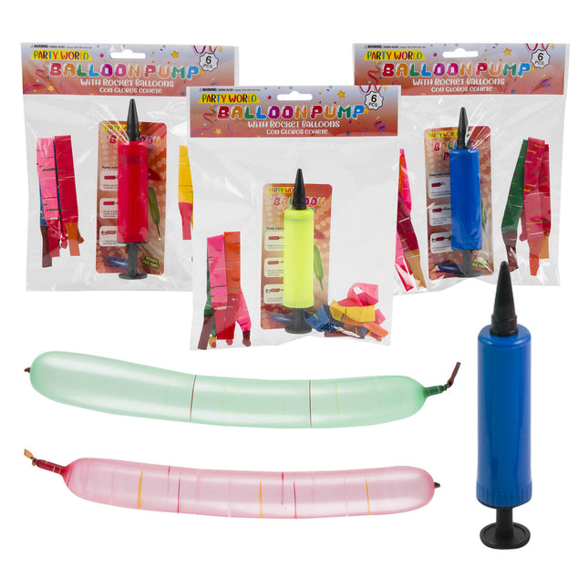 Party World Balloon Pump w/Rocket Balloons 6pc