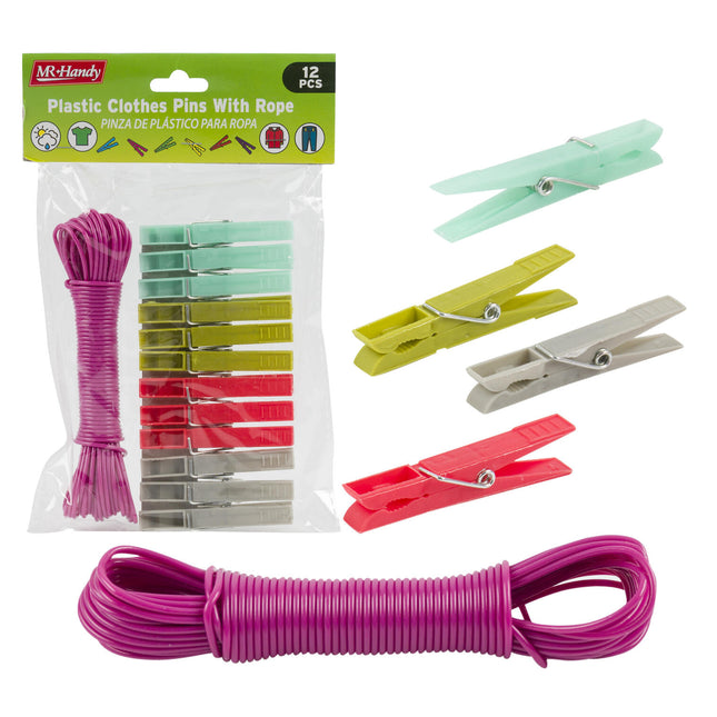 Mr. Handy Plastic Clothes Pins with Rope 12pc