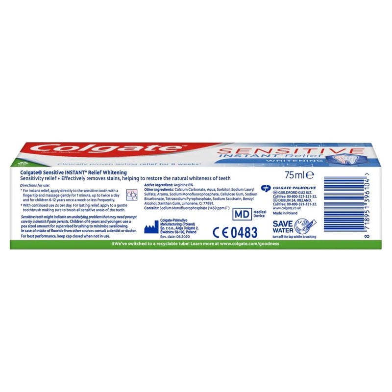 Colgate Toothpaste Sensitive Instant Relief White 75ml