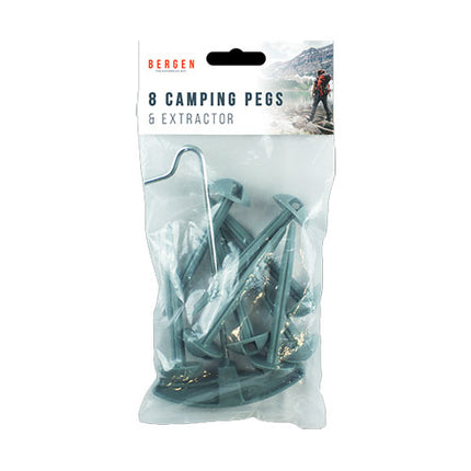 Bergen  8 Camping Pegs & Extractor  Set 9pc