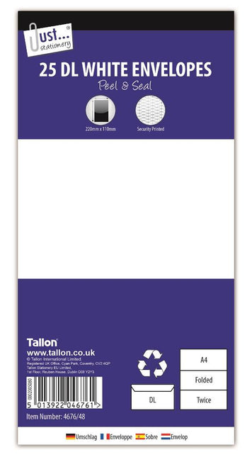 Just Stationery White Envelopes 220mm x 110mm