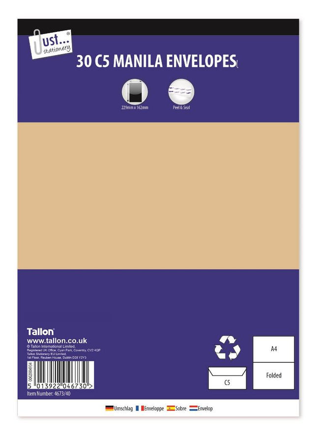 Just Stationery C5 Manilla Peel & Seal Envelopes 30pk