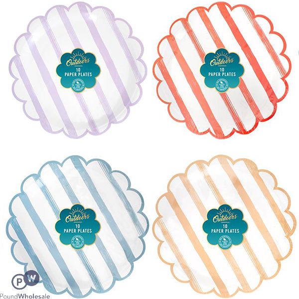 BELLO STRIPED SCALLOPED PAPER PLATE 22CM 10PK ASSTD COLOURS