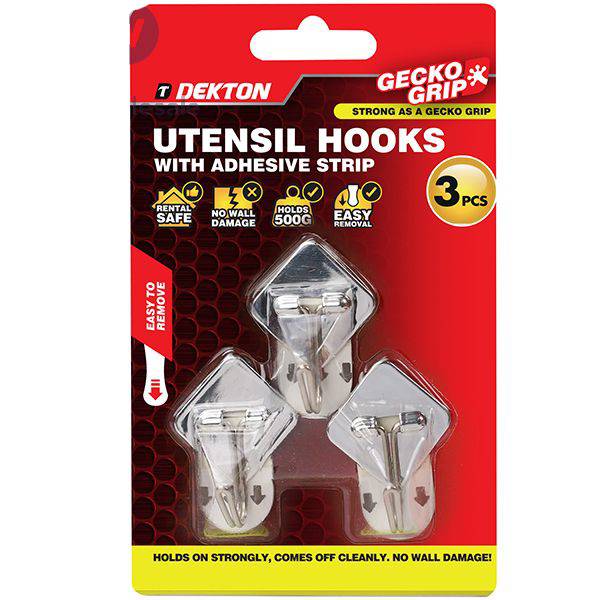 Dekton Gecko Grip Adhesive Chrome Utensil Hook Set 3pc