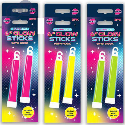 HOOT ULTRA GLO HANGING GLOW STICKS 6" 2PK