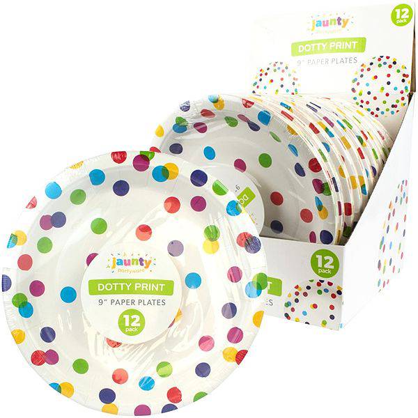 Jaunty Coloured Dotty Print Paper Plates 9" 12pk