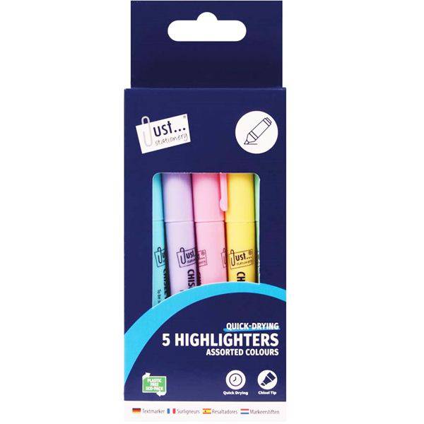 Just Stationery Asst Bright Chisel Tip Highlighter Pens 5pk