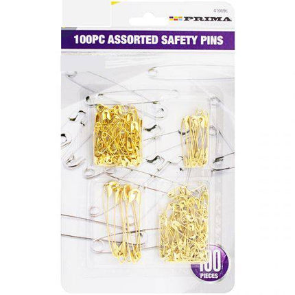 Prima Gold Safety Pins Asst 100pc