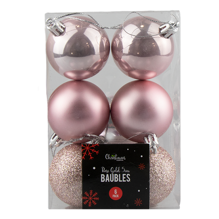 Christmas Rose Gold Assorted Baubles 6pk