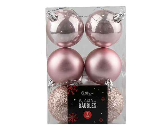 Christmas Rose Gold Assorted Baubles 6pk