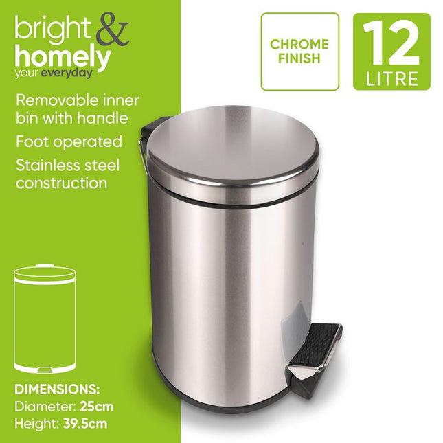 Bright & Homely Pedal Bin Stainless Steel 12ltr