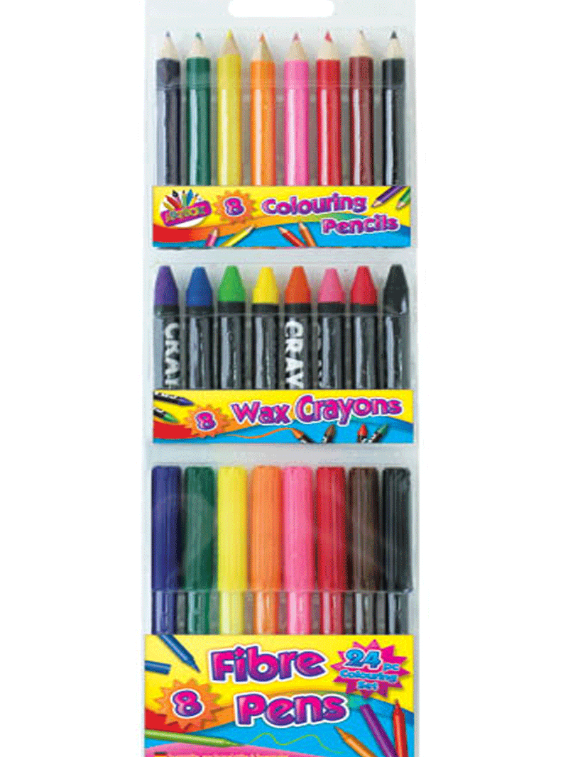 Art Box Asst Colouring Pens, Pencils & Crayons Set 24pk