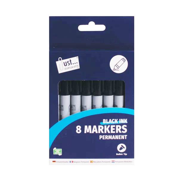 JUST STATIONERY PERMANENT MARKERS 8 BLACK
