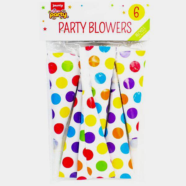 Jaunty Party Coloured Dots Blowers 6Pack