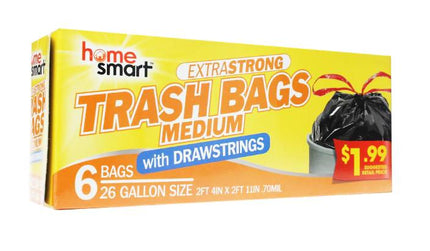 Home Smart Trash Bags Medium 26 gal 6 bags w/drawstrings